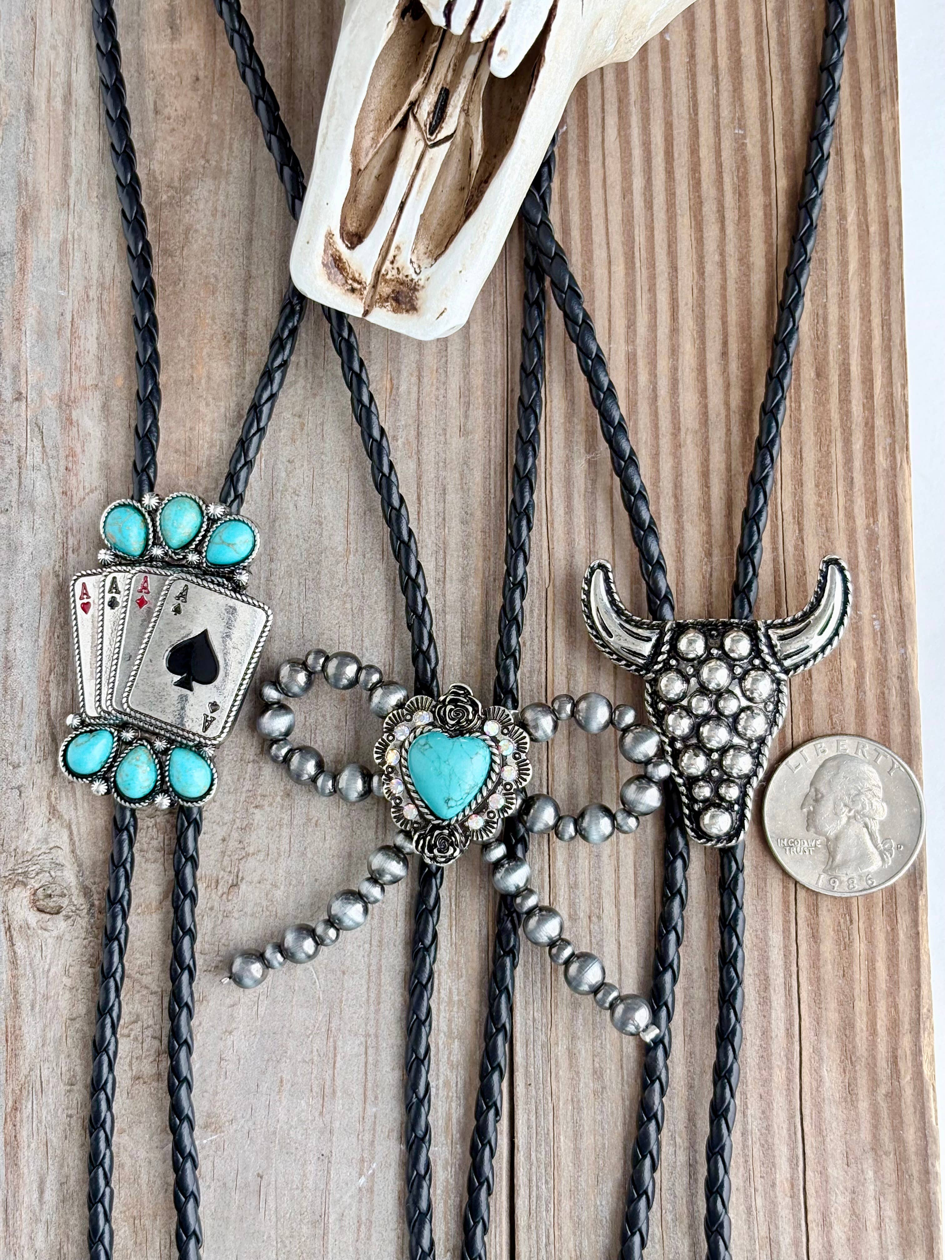 Western Style Bolo Tie Pendant w/ Leather Cord Necklace: Steerhead