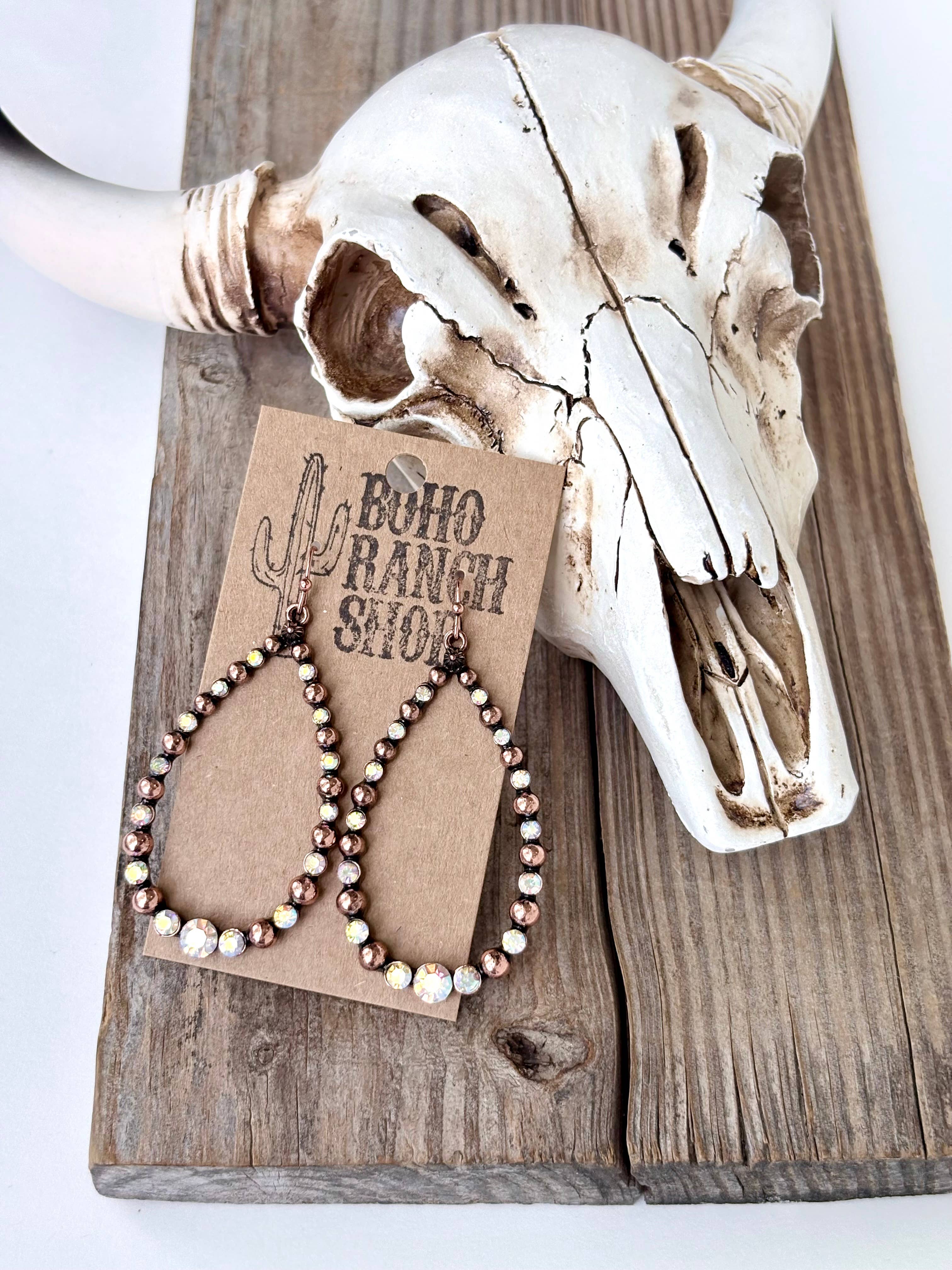 Western Style Open Teardrop Rhinestone Hoop Dangle Earrings: Gold