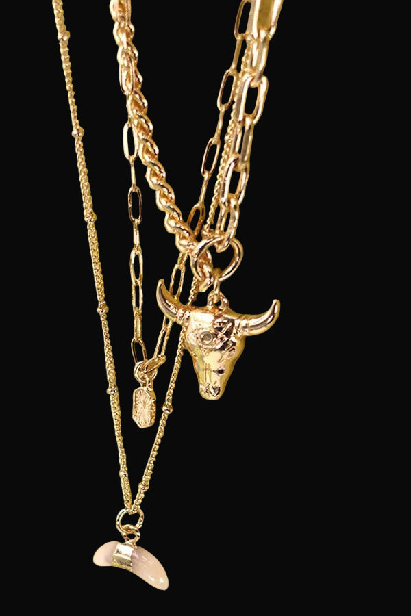 Bull Horn Multi Layer Necklace: Gold