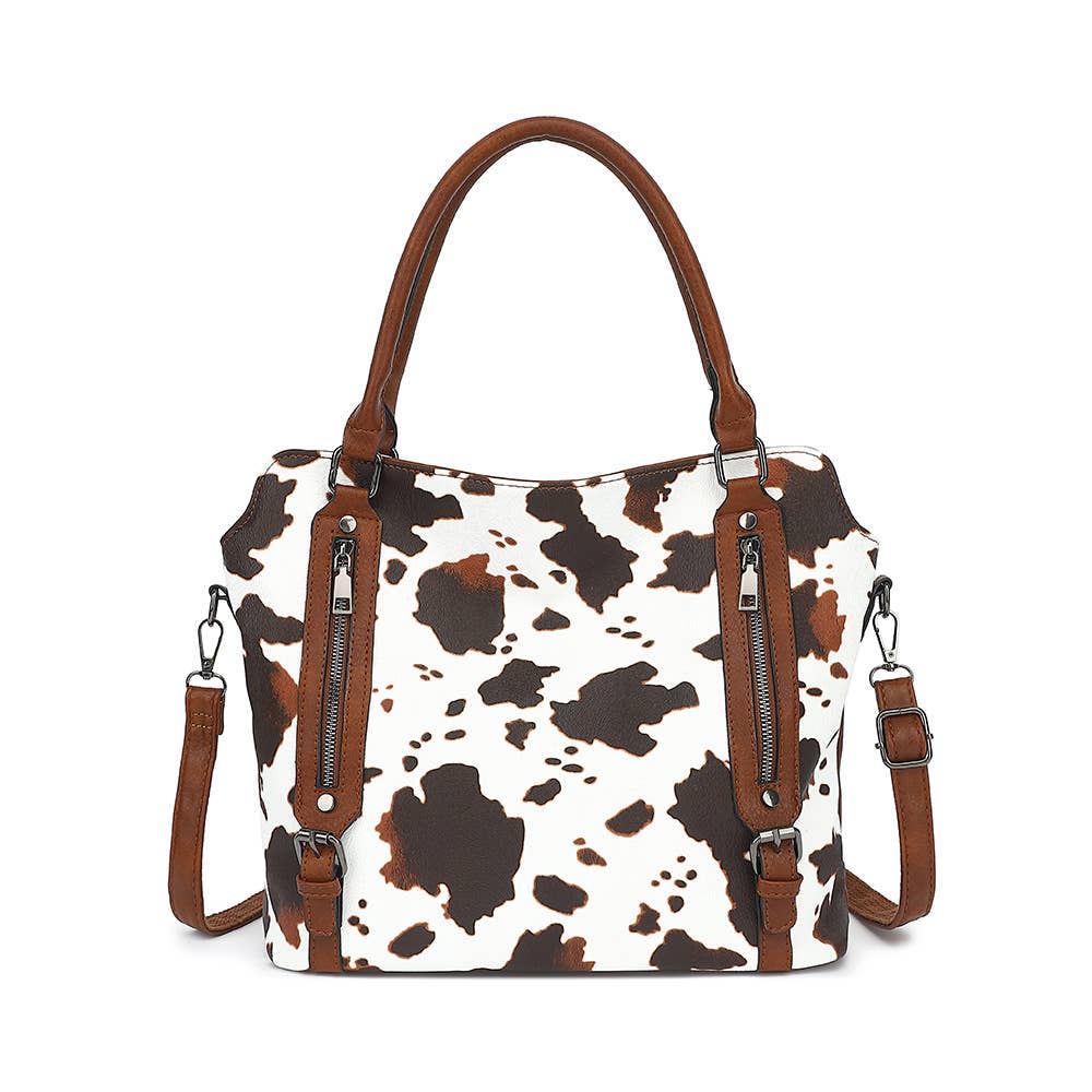 COW HANDBAG TOTE BAG CROSS BAG CLUTCH PURSE SET : Brown