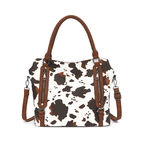 COW HANDBAG TOTE BAG CROSS BAG CLUTCH PURSE SET : Brown