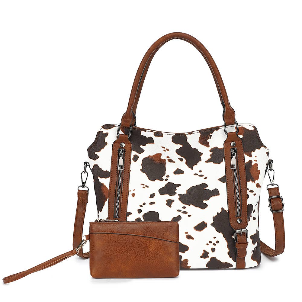 COW HANDBAG TOTE BAG CROSS BAG CLUTCH PURSE SET : Brown