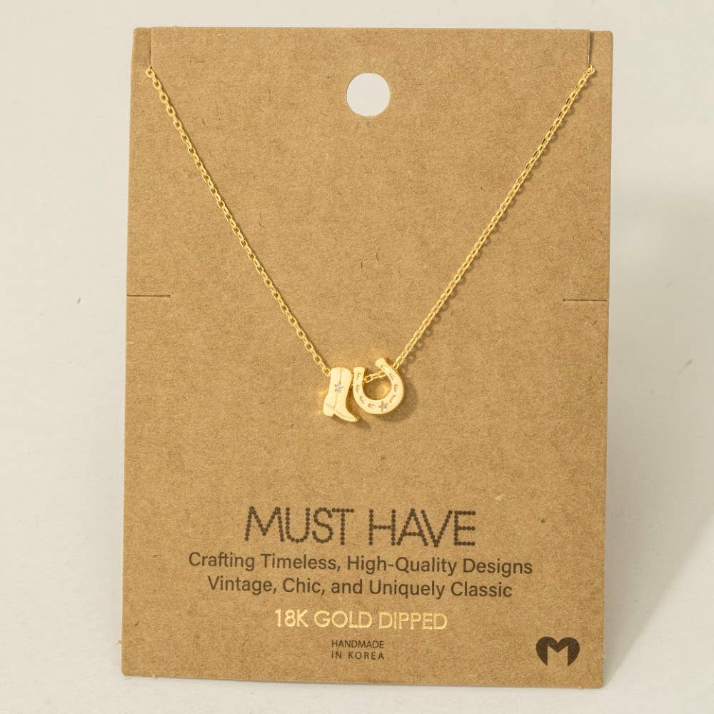 Cowboy Boots Horse Shoe Charm Necklace