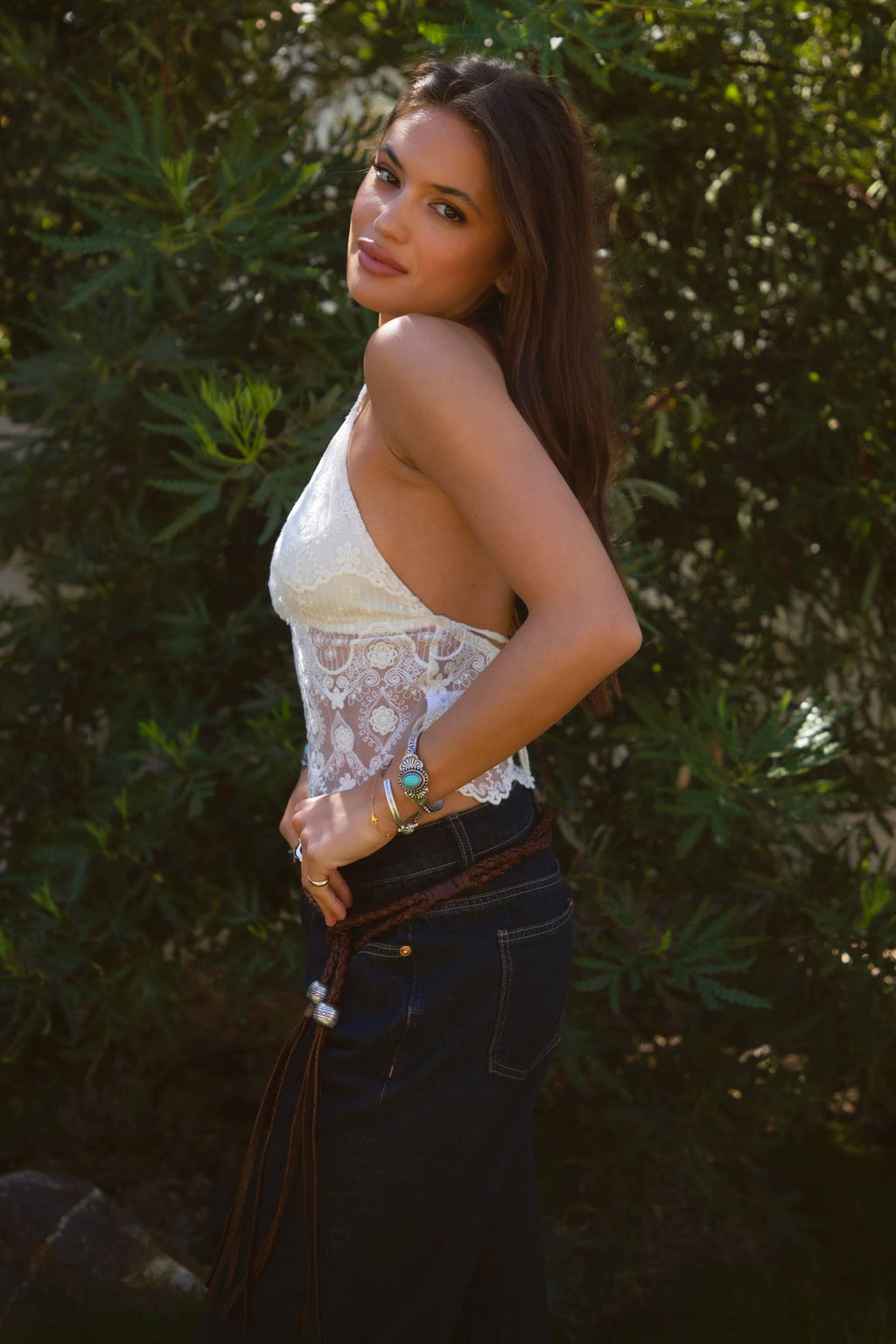 Floral Lace Halter Cami Top Low Open Back: Cream