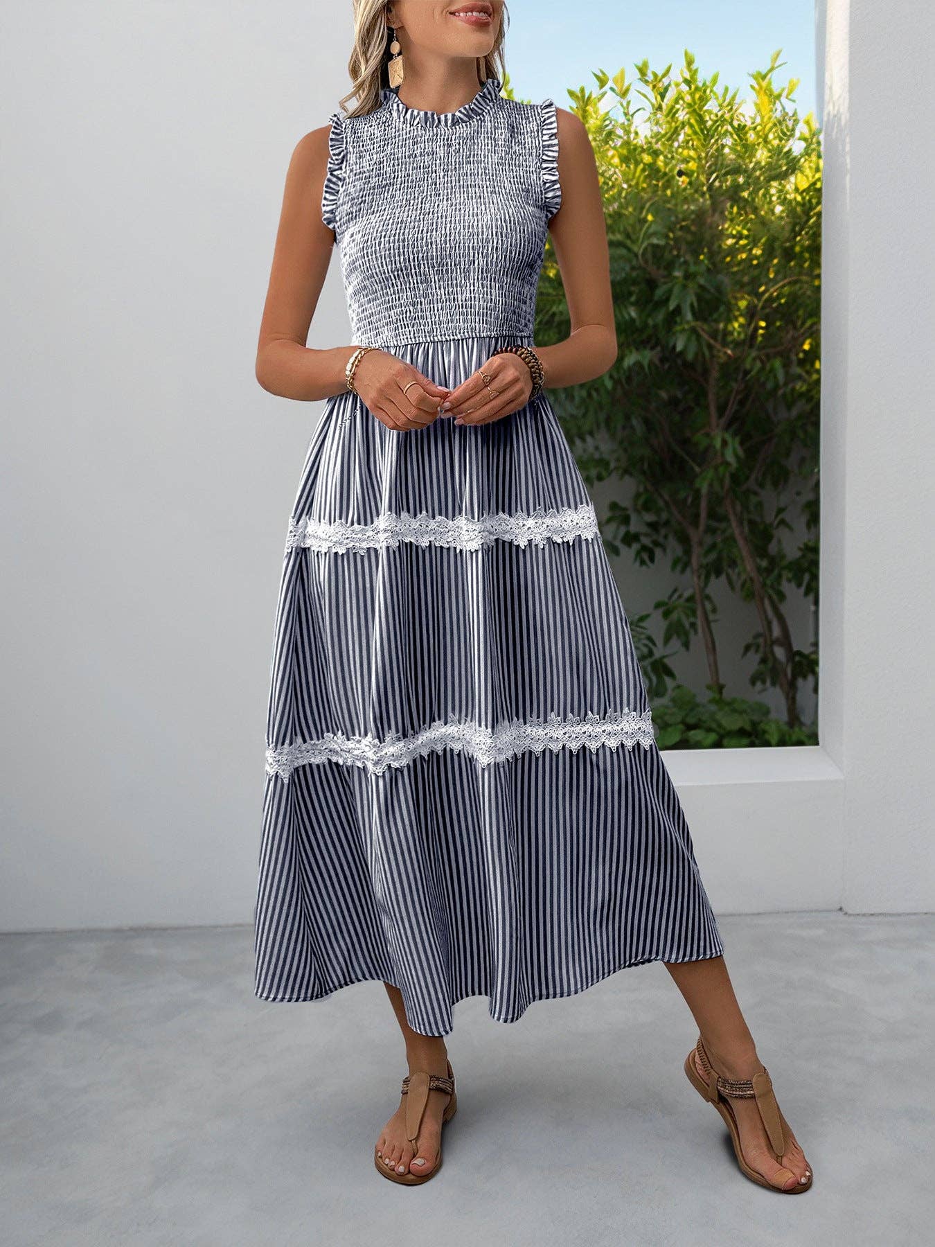 Sleeveless Striped Lace Midi Dress Ruffled A-Line Summer