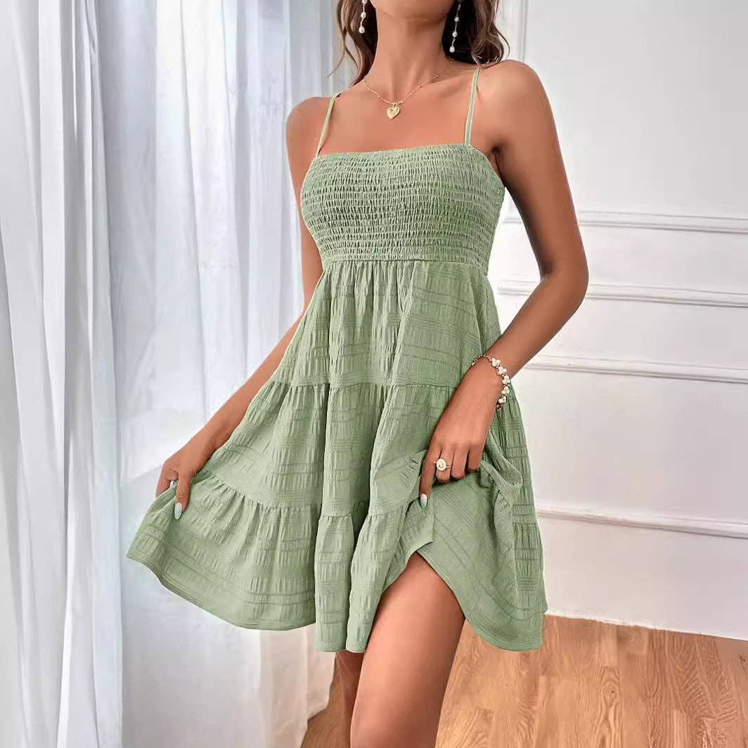 Women’s Smocked Spaghetti Strap Tiered Mini Dress: Light Blue / 100% Polyester / M