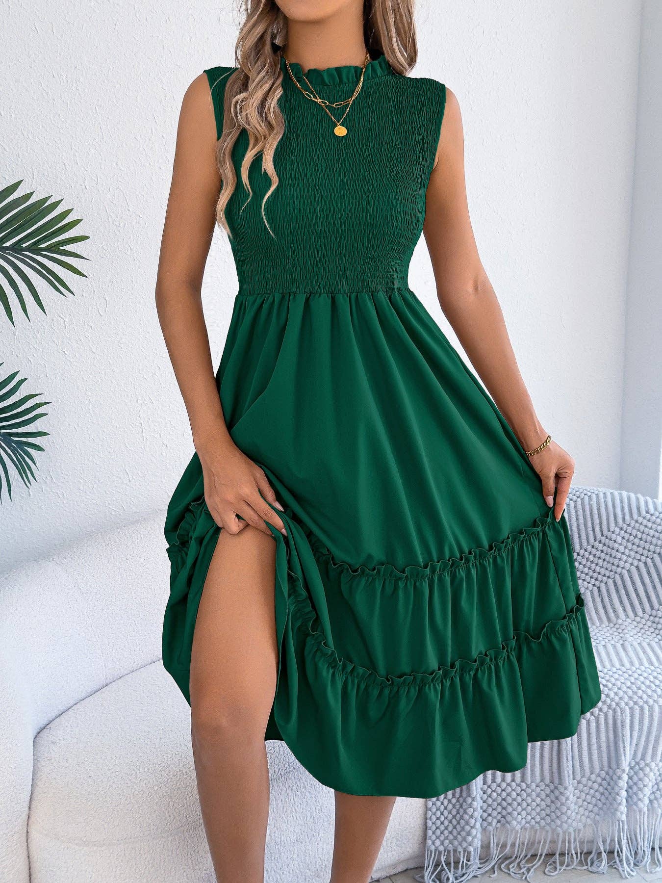 Smocked Sleeveless Ruffle Midi Dress Flowy Summer: Black / 95% Polyester+5% Elastane / L