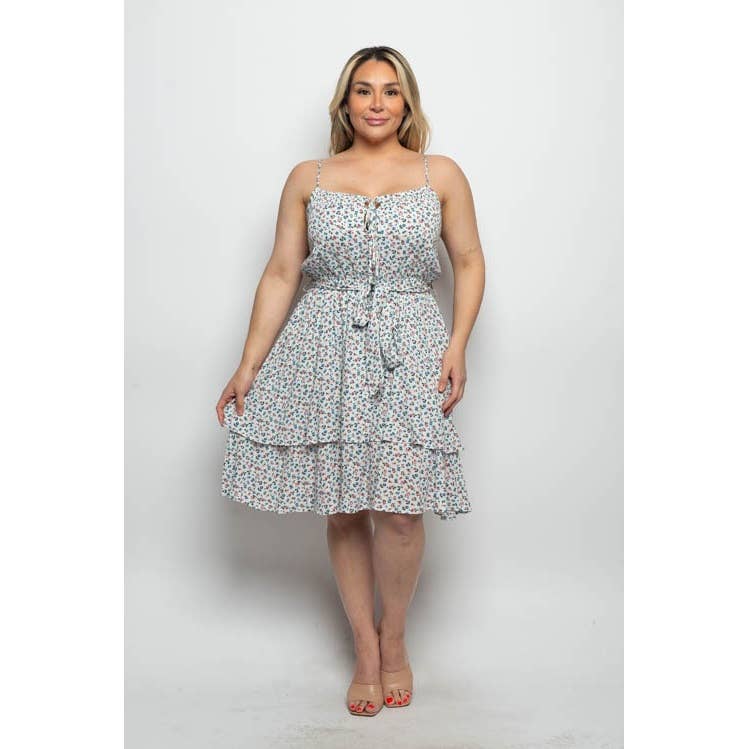 PLUS SIZE DITSY FLORAL TIE WAIST TIERED MIDI DRESS: White