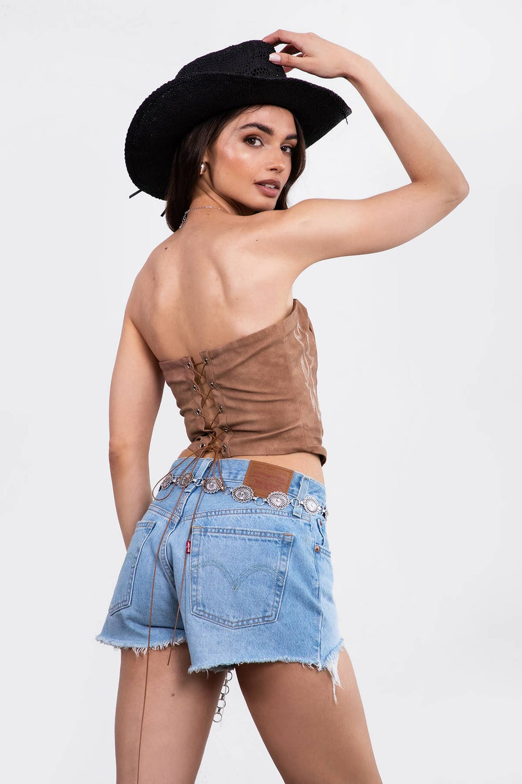 Vegan Leather Embroidered Western Corset Top: Black