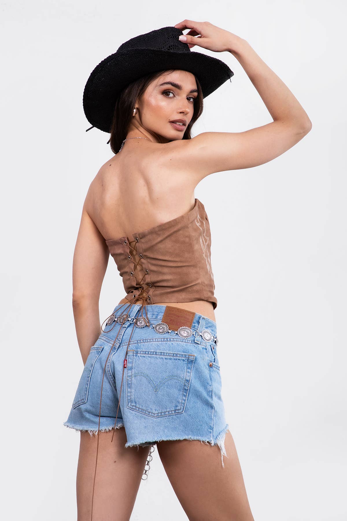 Vegan Leather Embroidered Western Corset Top: Brown