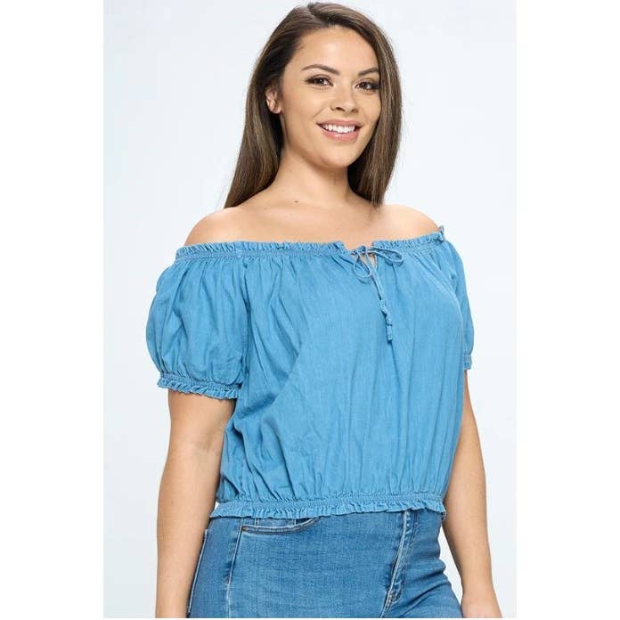 PLUS SIZE DENIM CHAMBRAY OFF THE SHOULDER RUFFLE TRIM ELASTI: DENIM / 1X