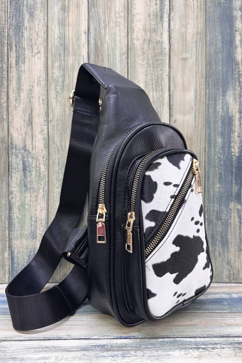 COW PRINT CROSSBODY SLING BAG PURSE : Black