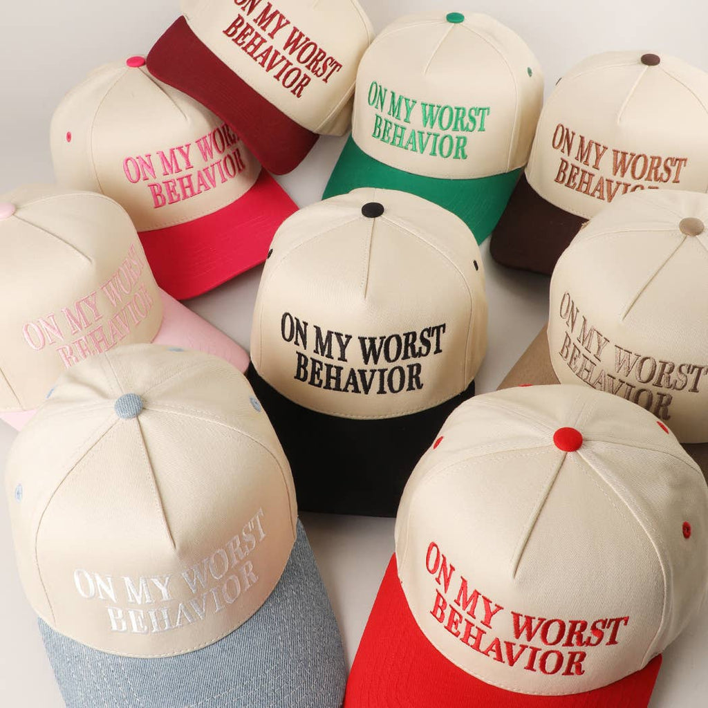 ON MY WORST BEHAVIOR Embroidered Trucker Hat: BROWN / One Size