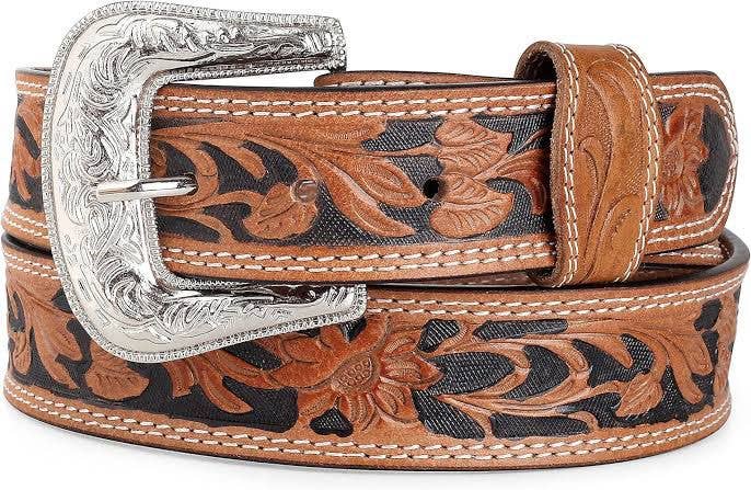 Leather Light Brown Belt with Vintage Silver Buckle: 42