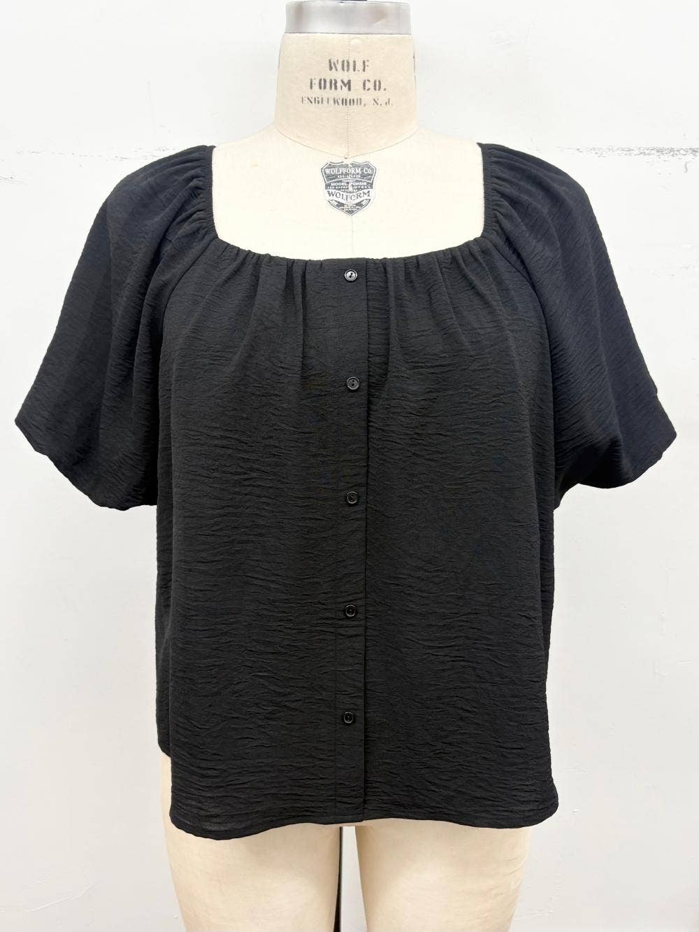 Plus Size Bubble Sleeve Button Front Blouse: Mocha