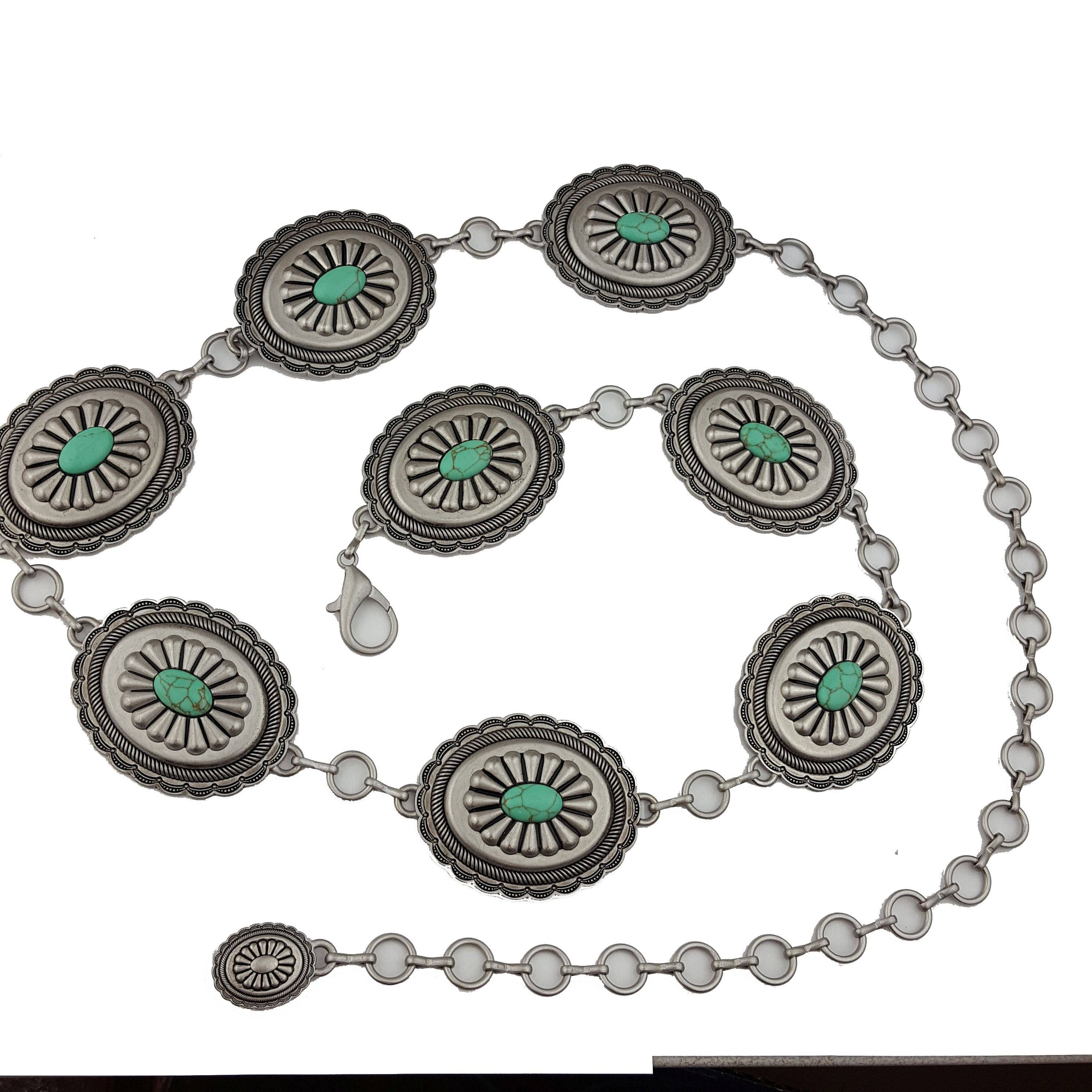 Women's Western Oval Concho Chain Belt with Stones: Cream