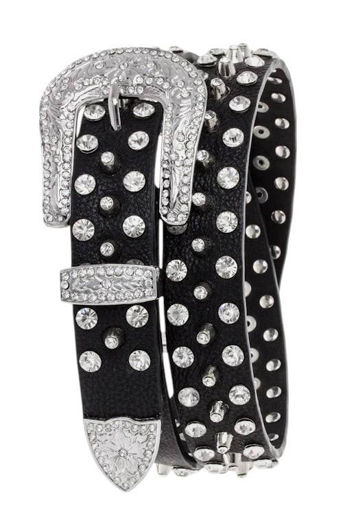 Mixed Studs Crystals Fashion Belt: Pewter