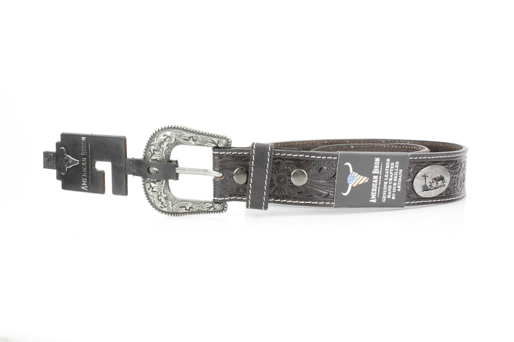Tooled Leather Western Belt with Kneeling Cowboy
