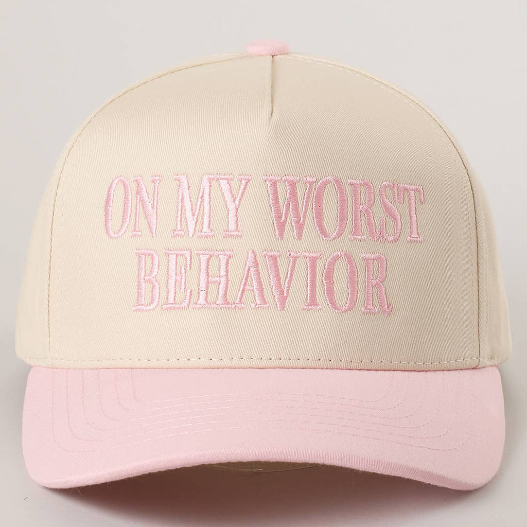 ON MY WORST BEHAVIOR Embroidered Trucker Hat: BROWN / One Size
