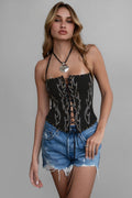 RAELYNN Embroidered Western Halter Bustier Corset Top: Black