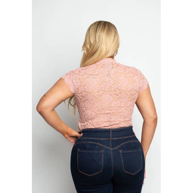 PLUS SIZE FLORAL SCALLOP LACE MOCK NECK BODYSUIT: Mauve
