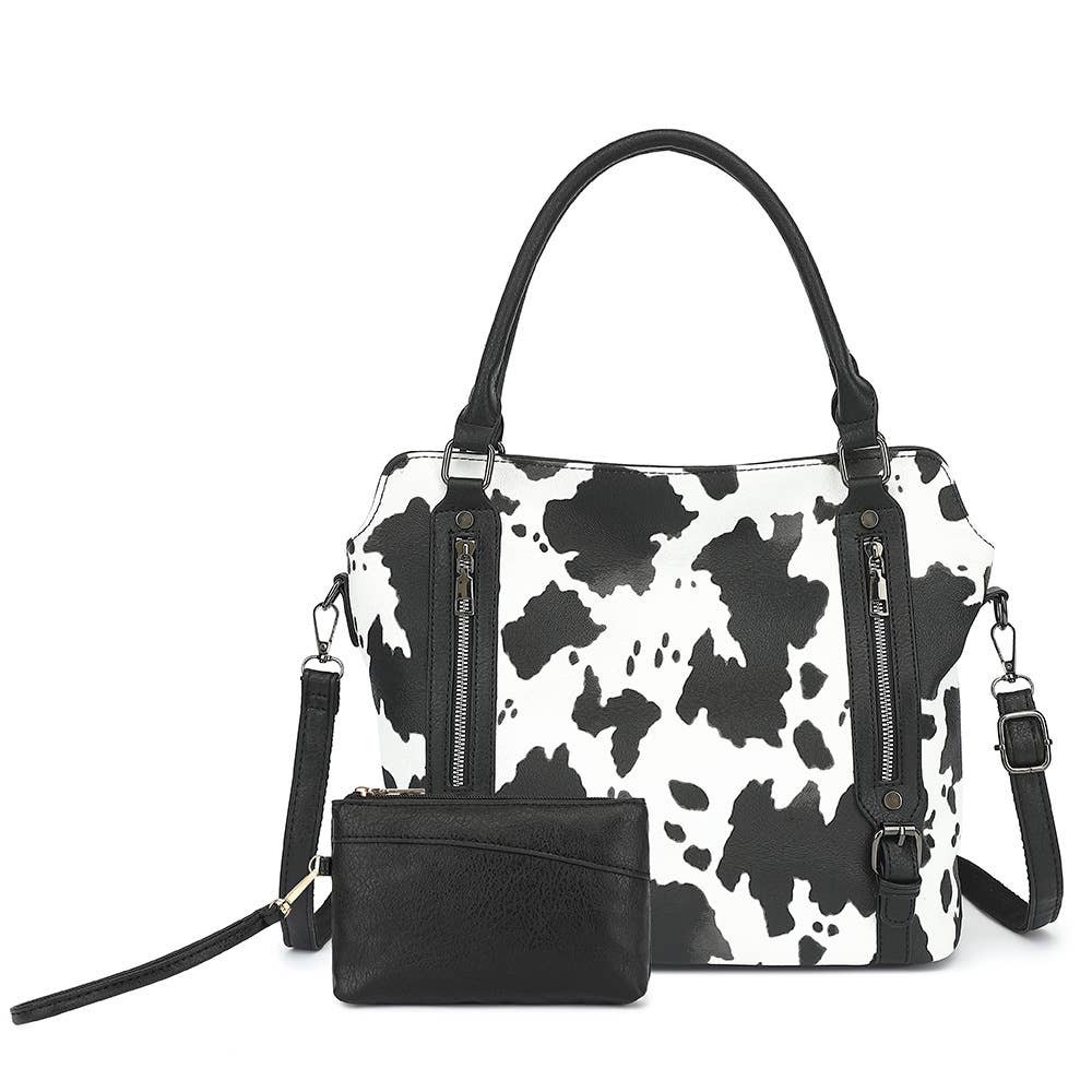 COW HANDBAG TOTE BAG CROSS BAG CLUTCH PURSE SET : Black