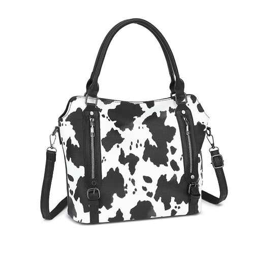 COW HANDBAG TOTE BAG CROSS BAG CLUTCH PURSE SET : Black
