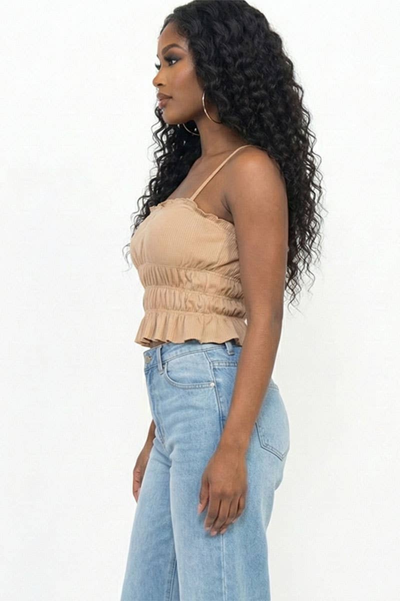 Tiered Shirred Body Crop Top: BLACK