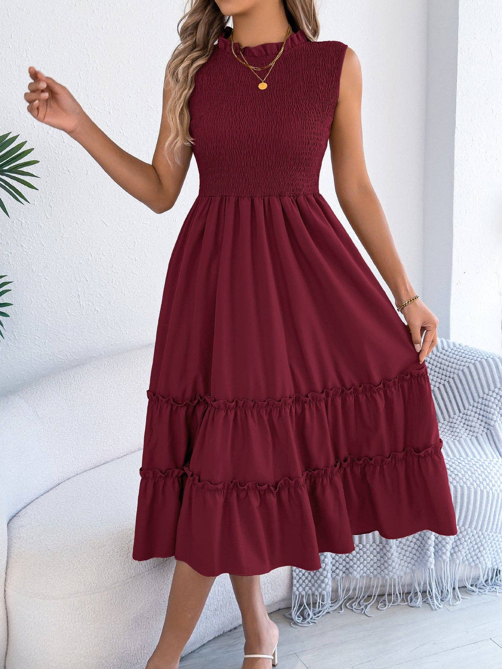 Smocked Sleeveless Ruffle Midi Dress Flowy Summer: Black / 95% Polyester+5% Elastane / L