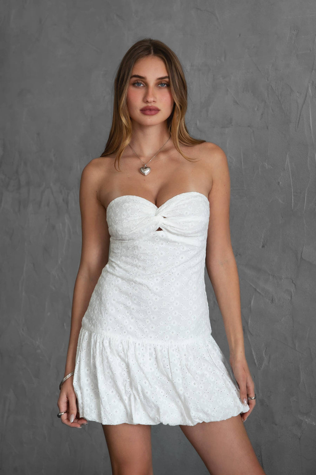 Embroidered Strapless Bubble Hem Mini Dress: White