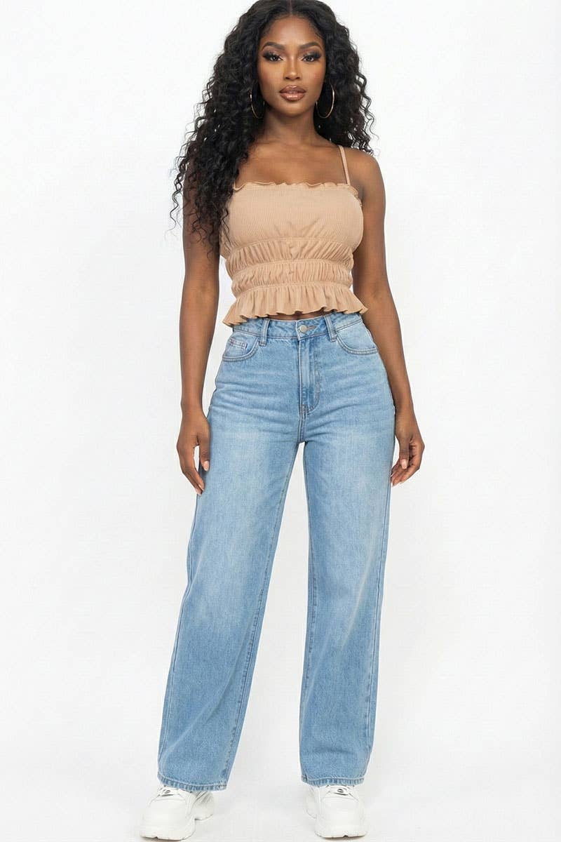 Tiered Shirred Body Crop Top: BLACK