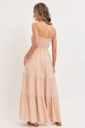 SMOCKED BRODICE TIERED MAXI DRESS: SAND / Contemporary