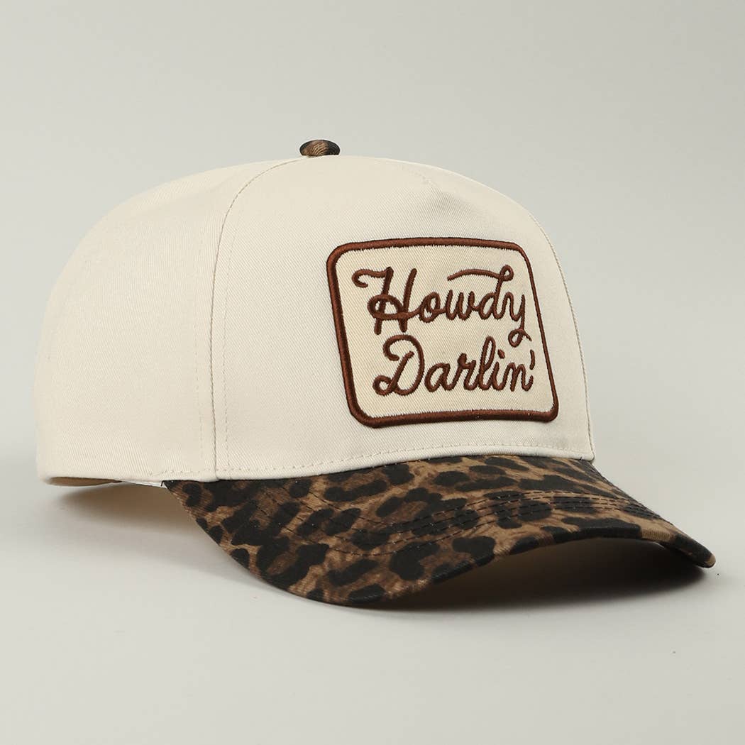 Howdy Darlin' Embroidered Leopard Brim Trucker Hat: BEIGE / ONE SIZE