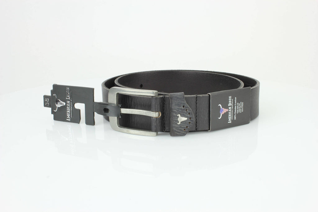 Grain Leather Belt w/ Western Loop & Metal Logo ABB 015: Black