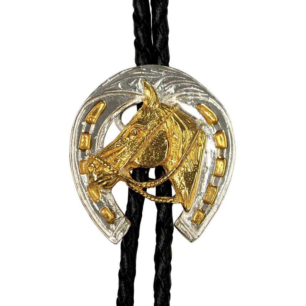 Horseshoe German Silver Bolo Tie with Horse Head