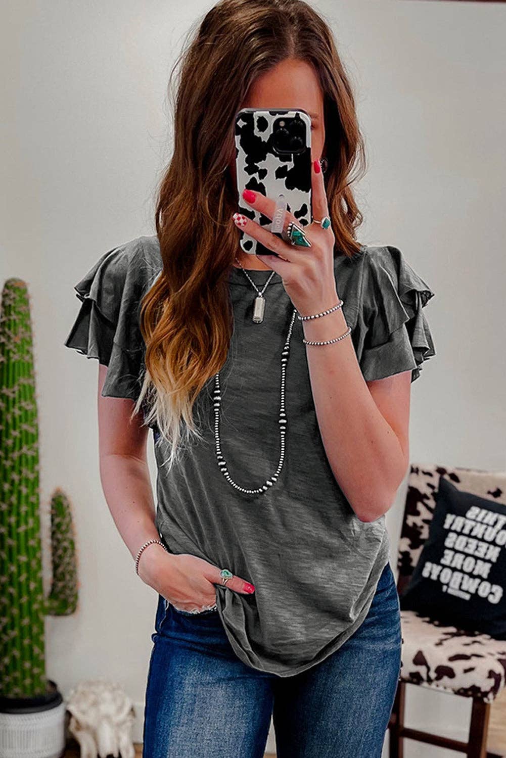 Dark Grey Ruffle Sleeve Tee Casual Summer Top: Dark Grey