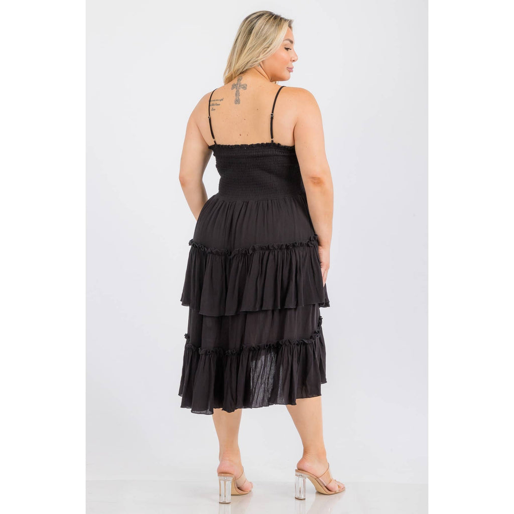 PLUS SIZE SQUARE NECK SMOCKED BODICE TIERED RUFFLE HEM MIDI : Black