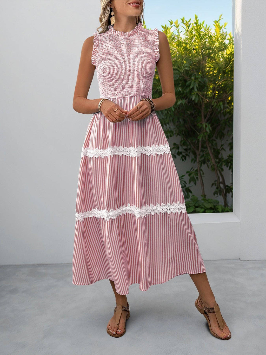 Sleeveless Striped Lace Midi Dress Ruffled A-Line Summer
