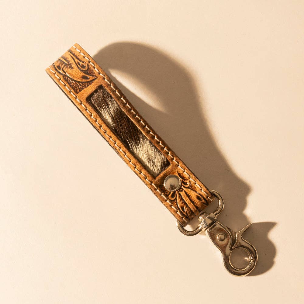 Hide Inlay Western Key Fob in tan with hairon detail: Tan