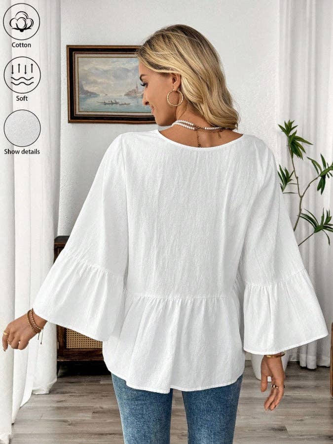 Cotton V-Neck Ruffle Sleeve Top Flowy Loose Blouse