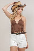SIT7209A CHOCOLATE SHORT FRINGE FAUX SUEDE HALTER CROP TOP