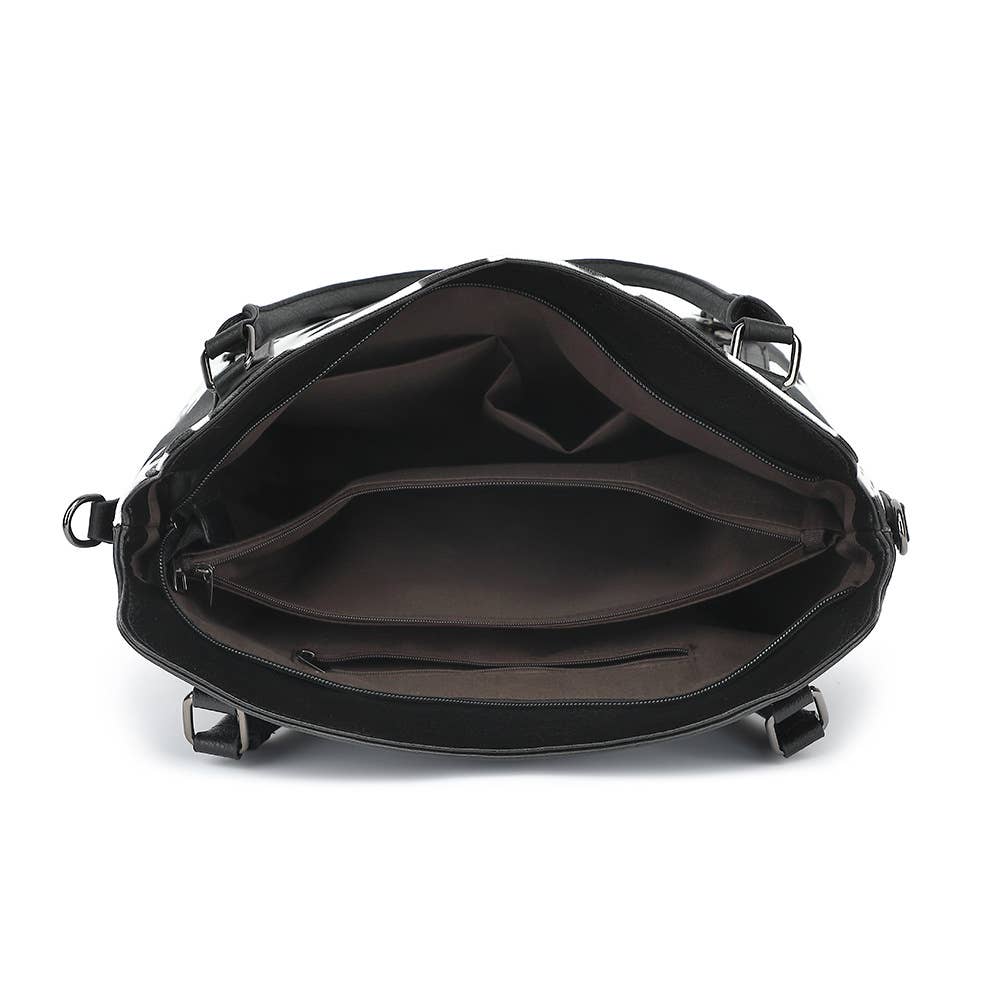 COW HANDBAG TOTE BAG CROSS BAG CLUTCH PURSE SET : Black
