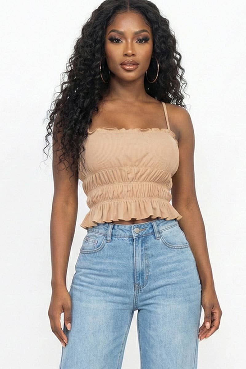 Tiered Shirred Body Crop Top: BLACK
