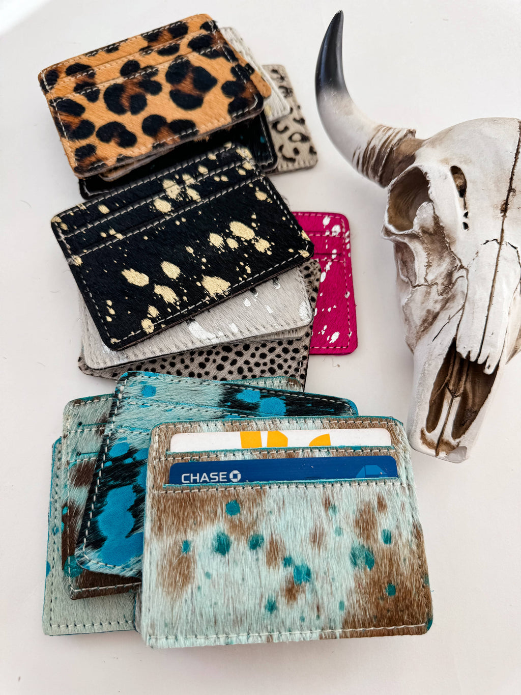 Western Cowhide Credit Card Holder - Money holder: BROWN + WHITE COWHIDE