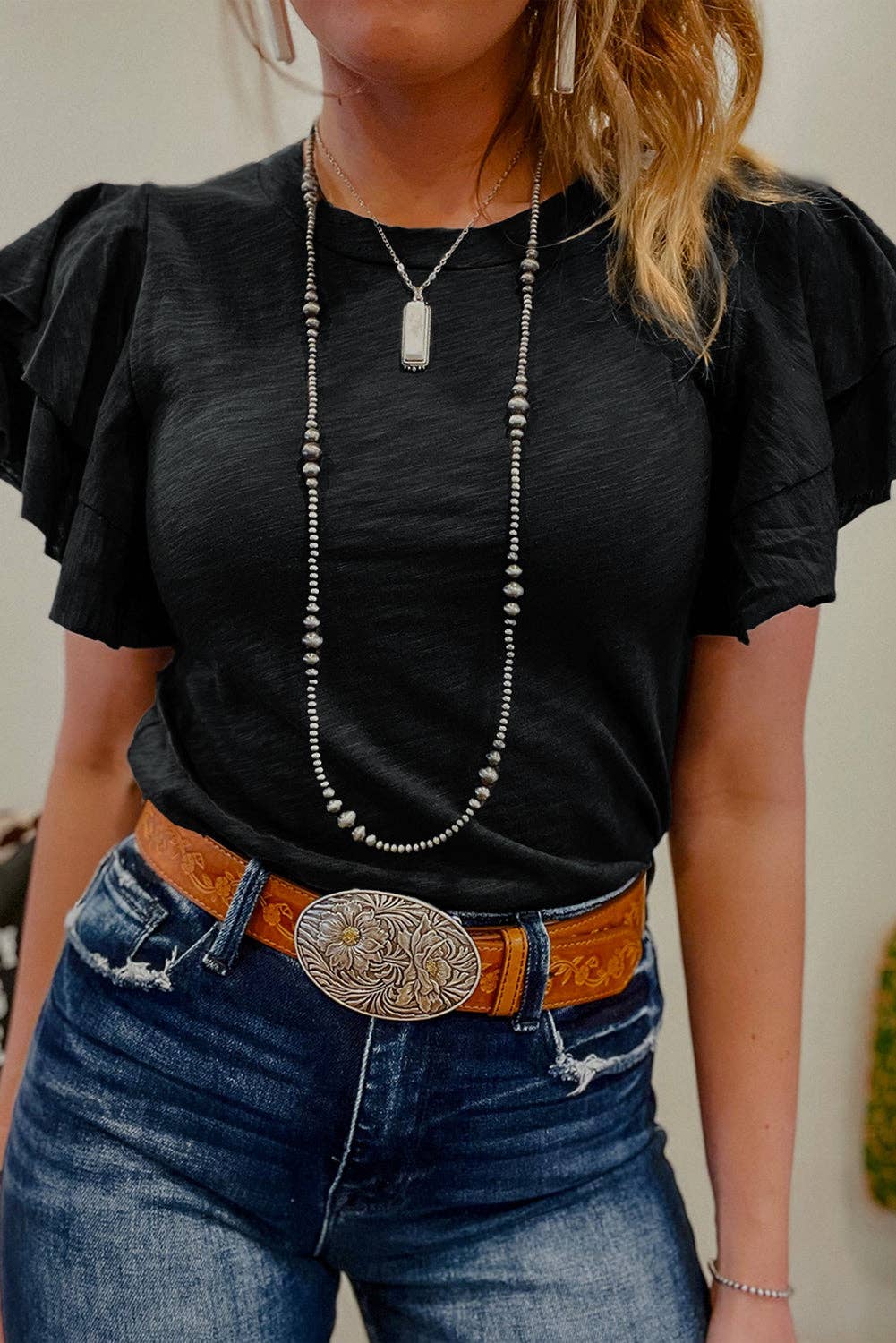Dark Grey Ruffle Sleeve Tee Casual Summer Top: Dark Grey
