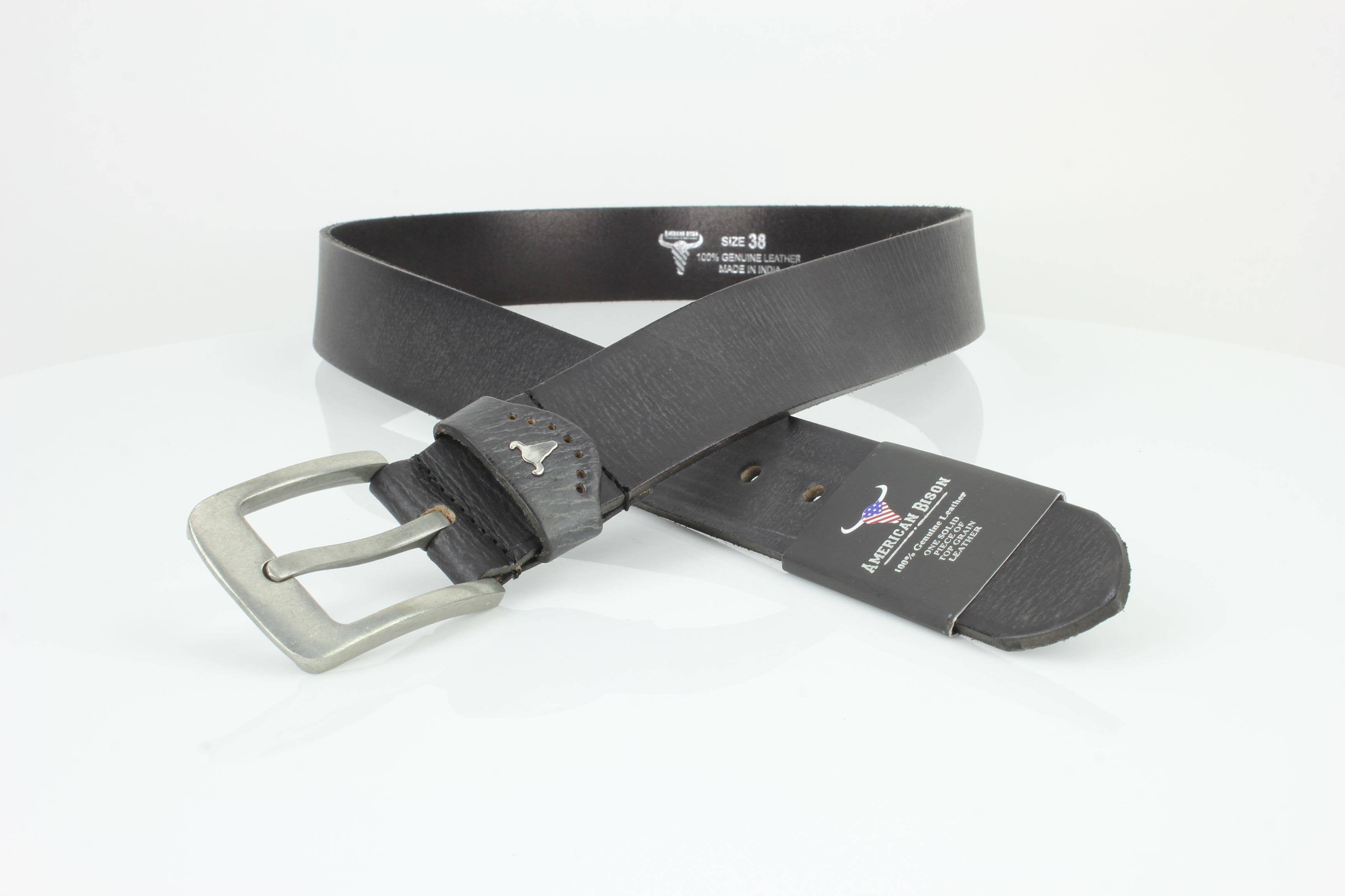 Grain Leather Belt w/ Western Loop & Metal Logo ABB 015: Black