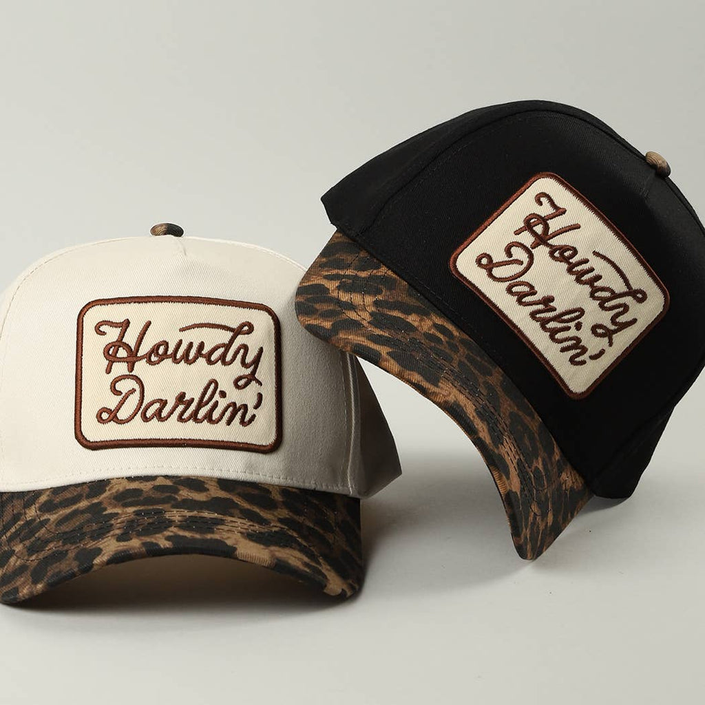 Howdy Darlin' Embroidered Leopard Brim Trucker Hat: BEIGE / ONE SIZE