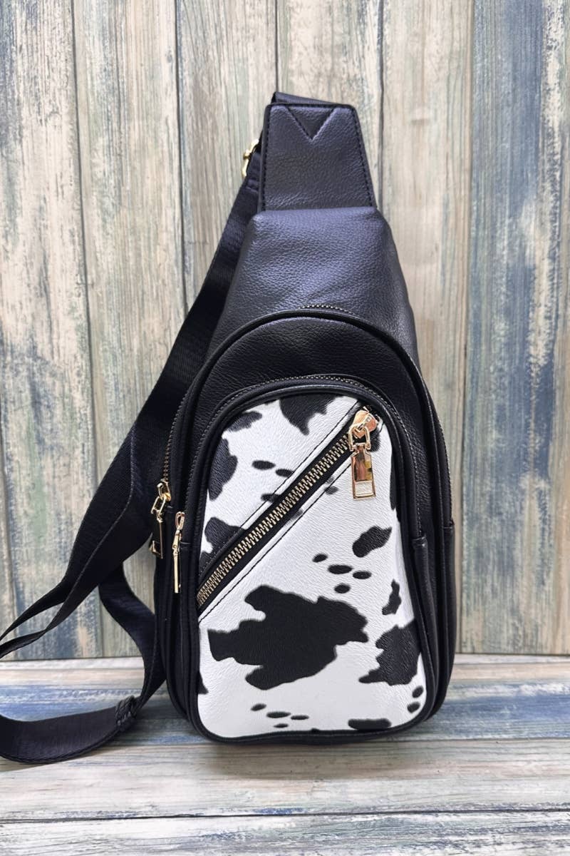 COW PRINT CROSSBODY SLING BAG PURSE : Black