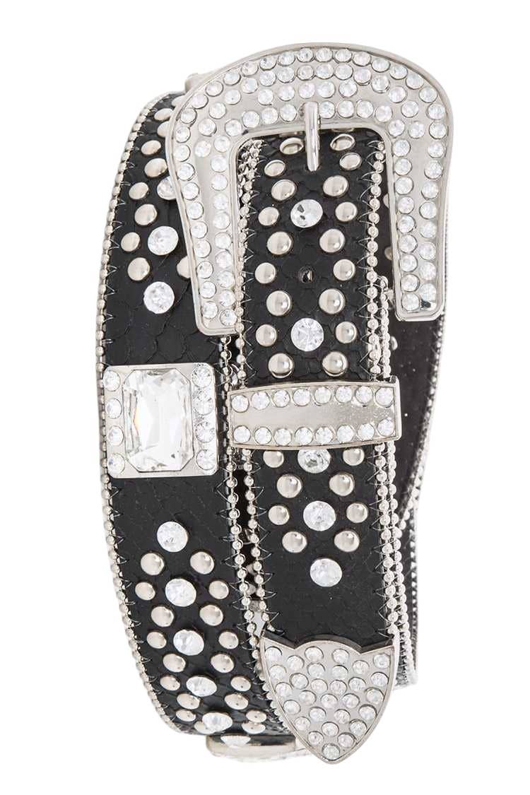Crystal Square Heavy Stud Western Belt: Black/Clear