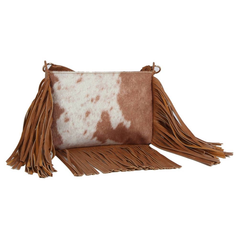 Calf Hair Cow Printed Fringe Crossbody Bag - BR